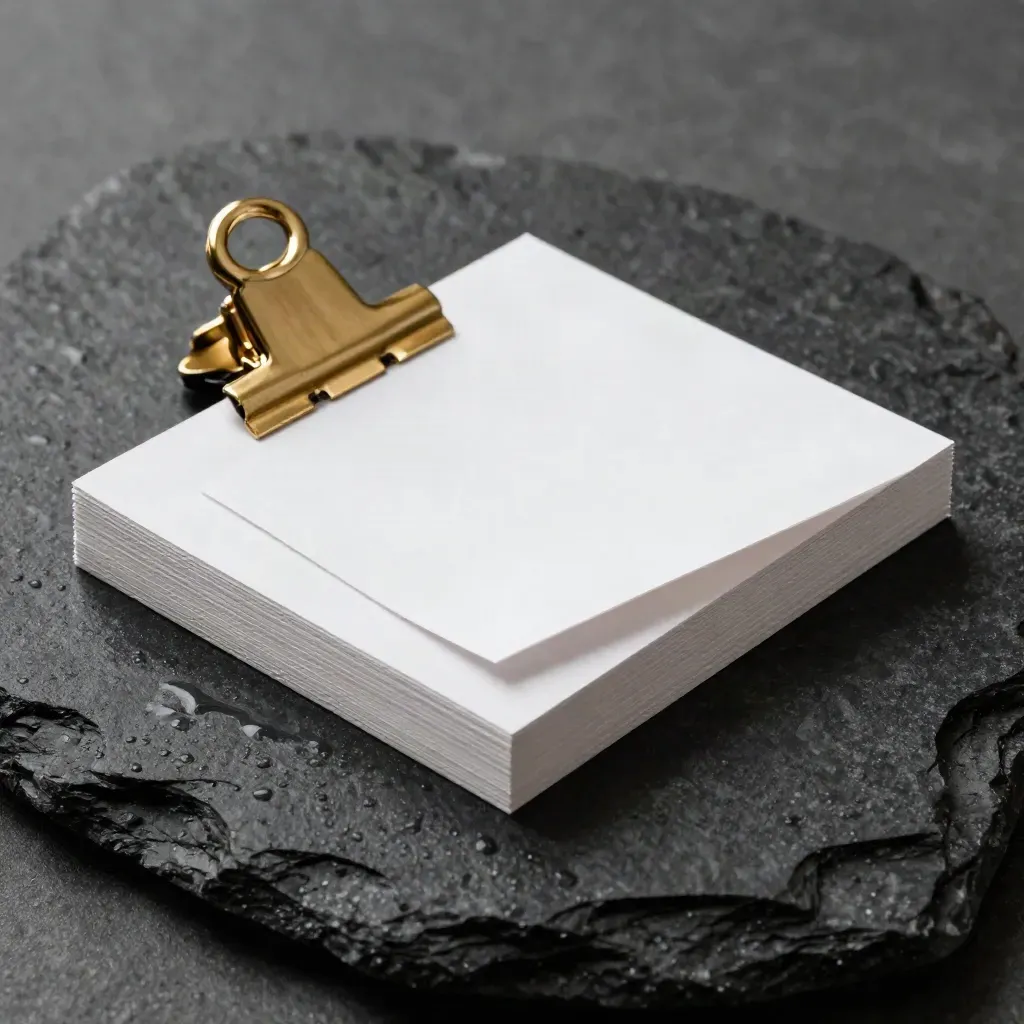 Platliggende marketingkaartenset op nat basalt met clip en kleurstalen.