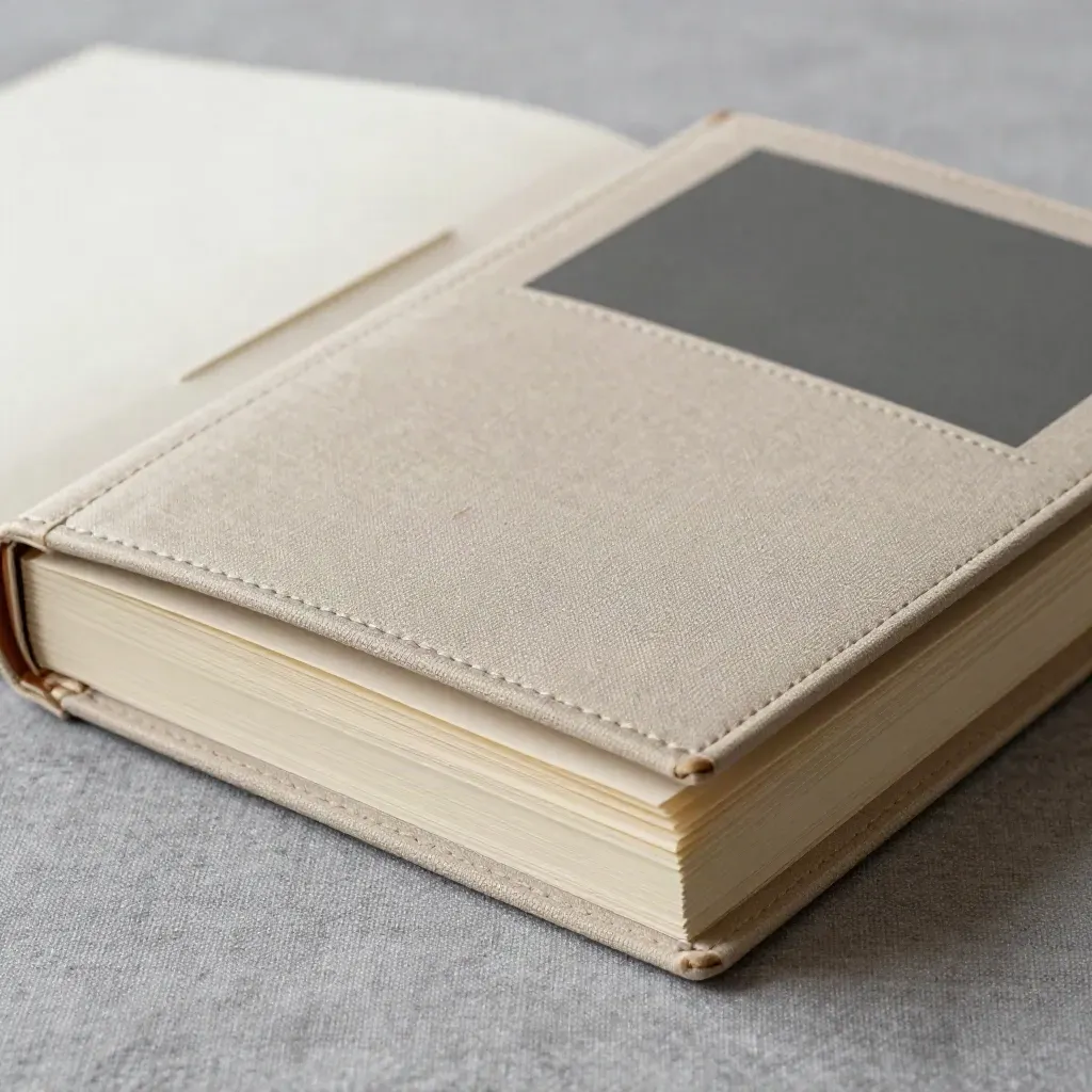 Macro van een premium SEO-groeiplanbinder met tabs en beige papier op licht linnen.