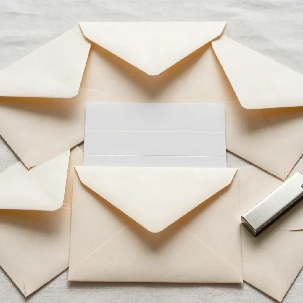 Vier envelopmock-ups met een vouwkaart en metalen paperweight op lichte beige ondergrond.