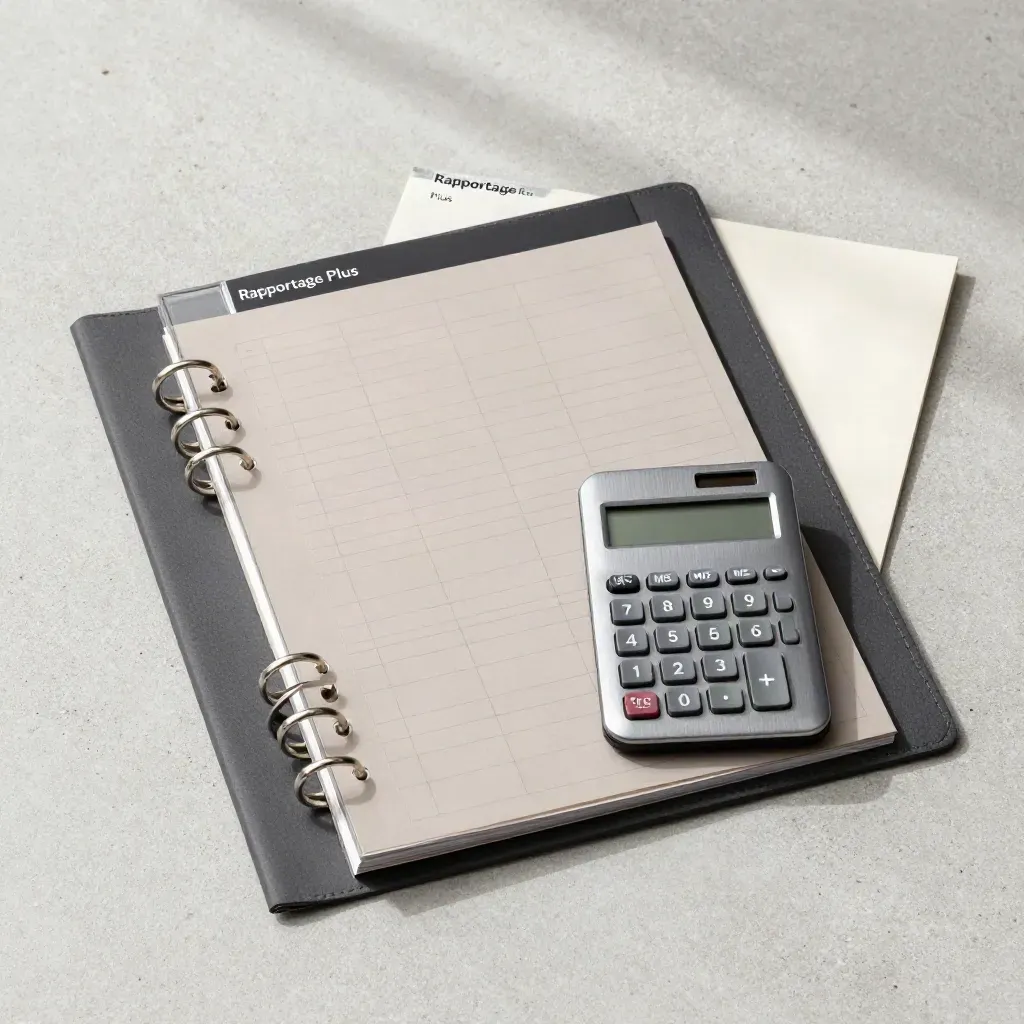 Overhead flatlay van rapportagekit met acryl dividers, donker maprug en rekenblok op beton.