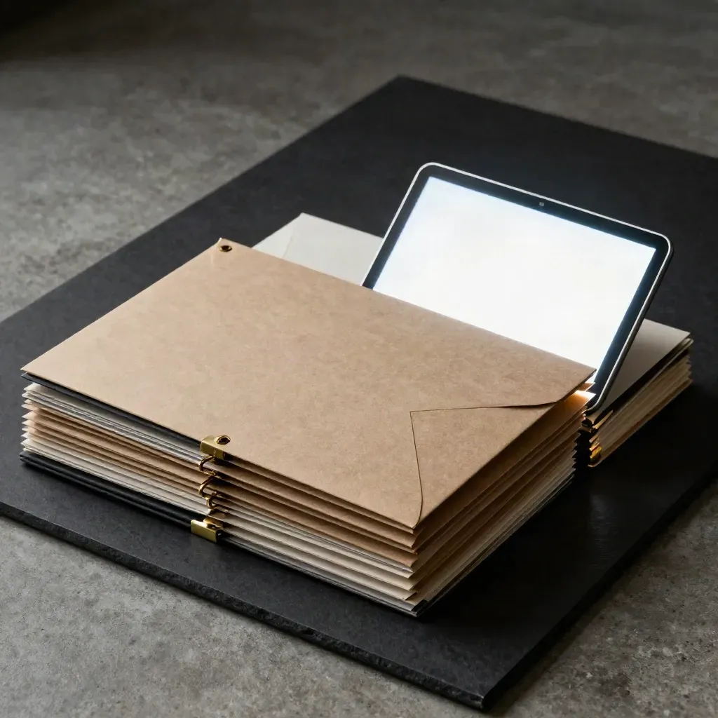 Donkere campagnefolders, envelopbundels en een omgedraaide monitor in een luxe studio-opstelling.