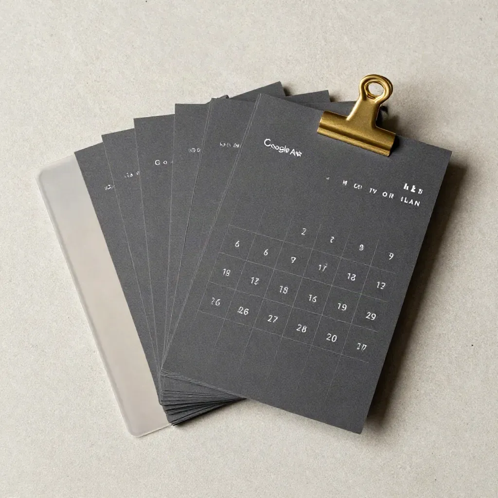 Overhead flatlay van een Google Ads-plan met kaarten, sleeve en messing clip op licht beton.