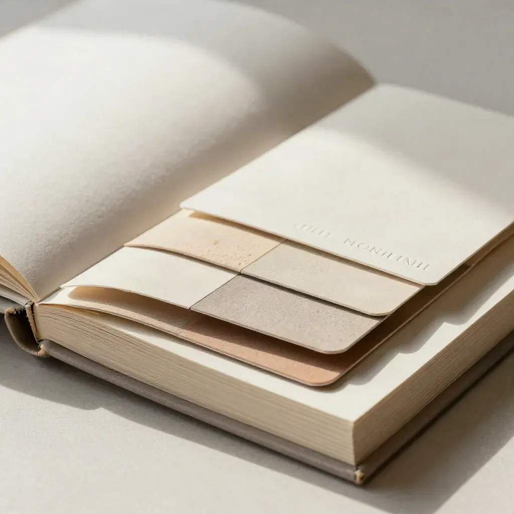 Mini merkboek met stalen en gevouwen papier in zachte beige tinten