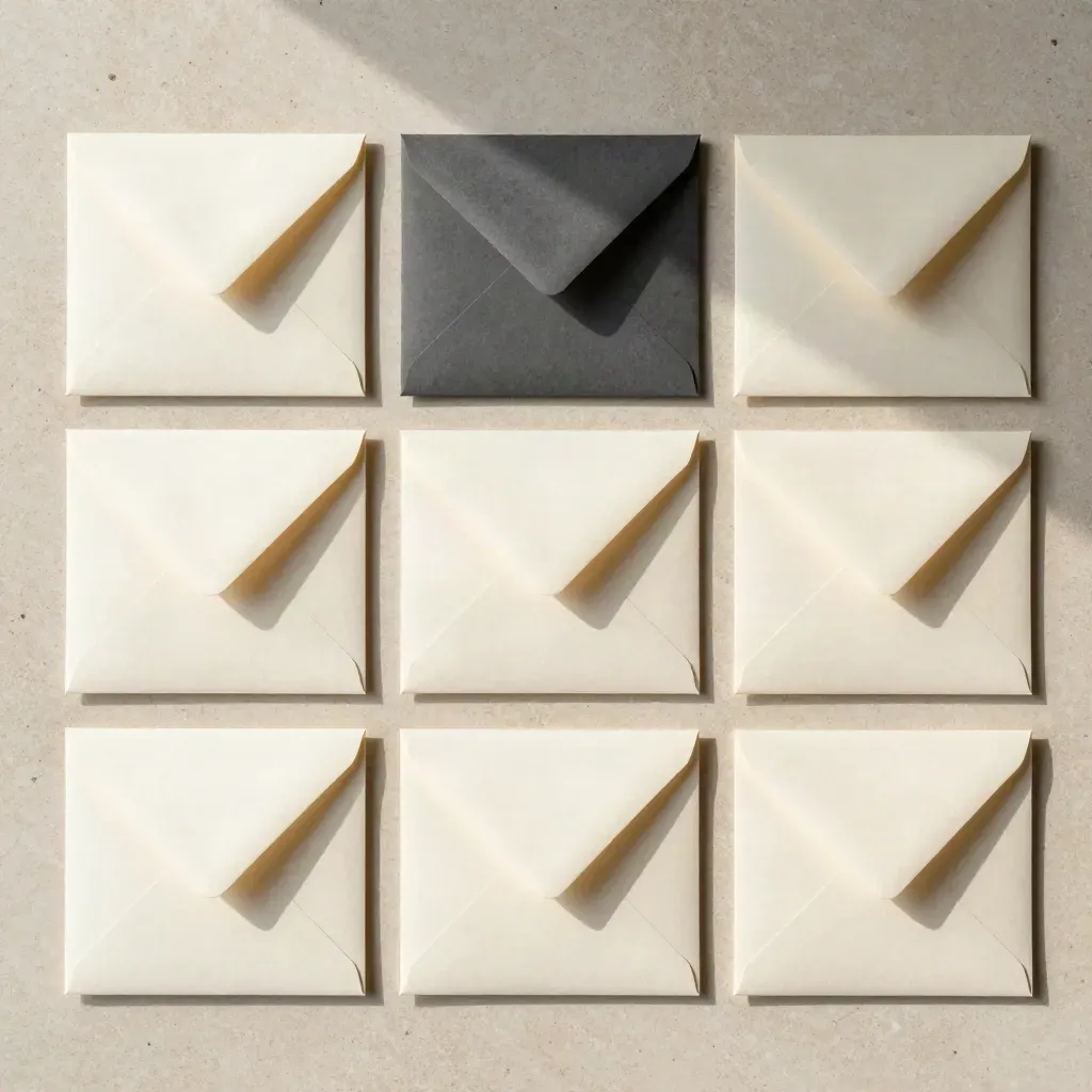 Bovenaanzicht van zes envelopmock-ups en stapkaarten op lichte kalksteen, strak en minimalistisch.